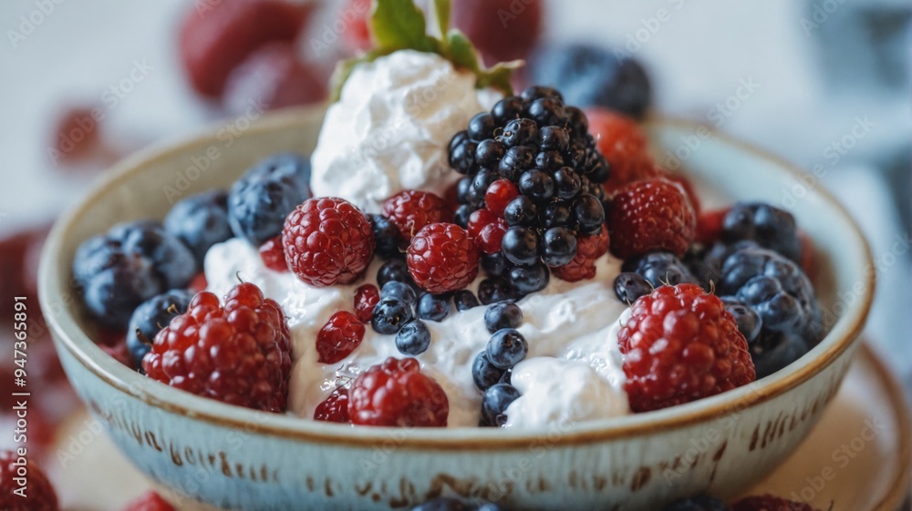 Close-up bowl fresh berries yogurt made ceramic has Healthy brea Close-up bowl fresh berries yogurt made ceramic has Healthy brea