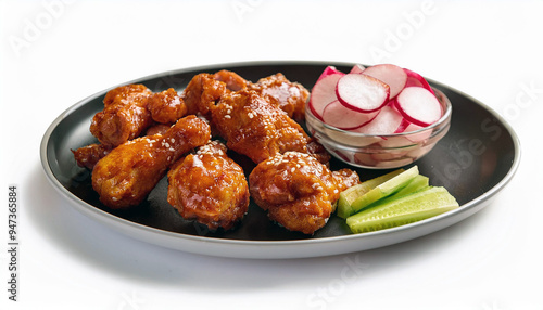 Crispy golden fried chicken wings, tangy zesty sauce, fresh sliced radishes, vibrant green limes, low angle close-up view on black oval plate, appetizing fast food cuisine
 photo