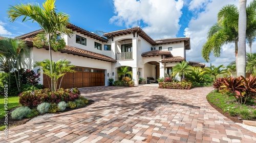 Fototapeta Naklejka Na Ścianę i Meble -  Modern Miami Home: Brick Driveway, Landscaping, Palm Trees, and a White and Brown Garage Door
