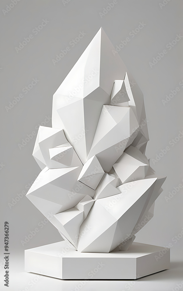 A 3D sculpture of an abstract crystalline structure, rendered in plain white with sharp, angular facets and soft, shadowed highlights, set against a plain white background, symbolizing the complexity 