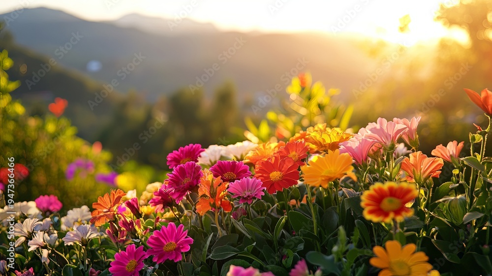 Obraz premium Colorful Flowers in a Field at Sunset