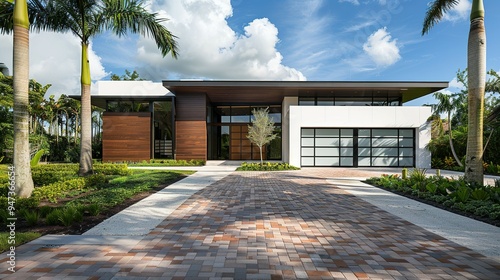 Modern Miami Home: Brick Driveway, Landscaping, Palm Trees, and a White and Brown Garage Door