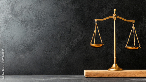 Elegant golden scales of justice on a dark background symbolizing law and fairness in legal matters and judicial system.