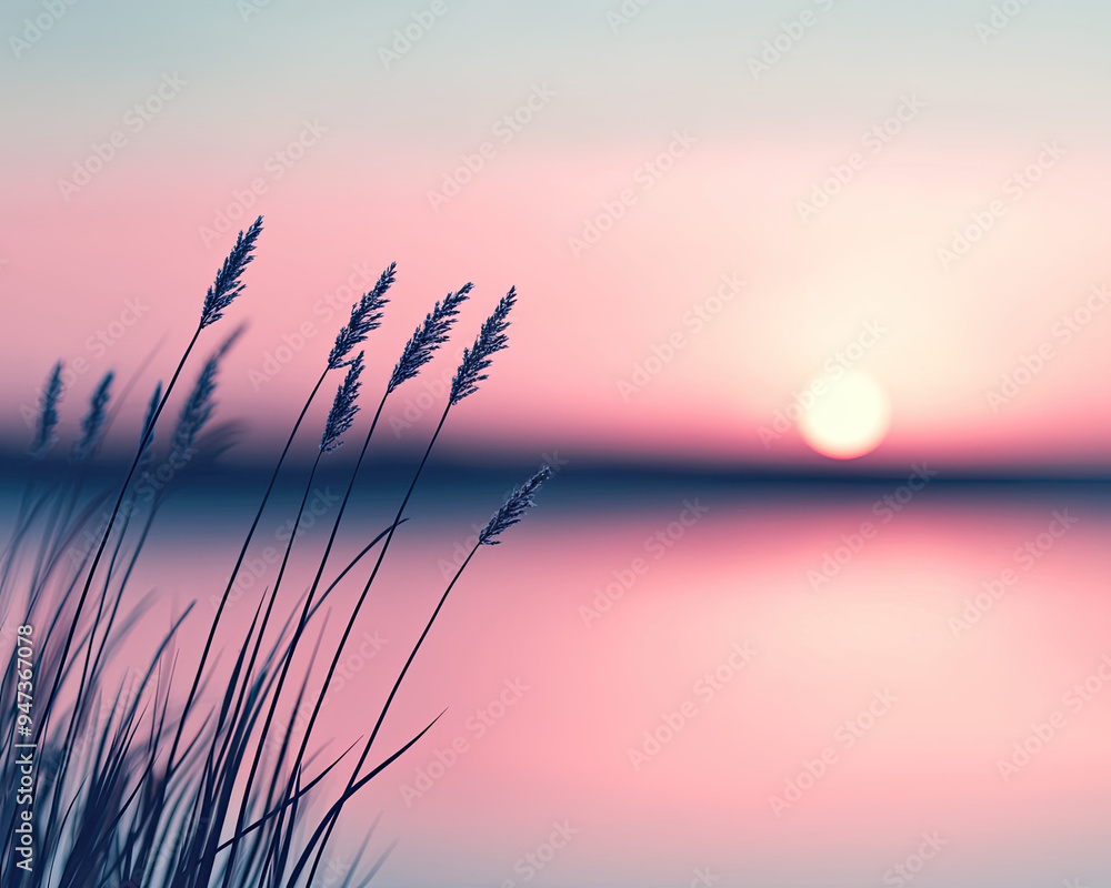 Serene sunset over tranquil waters, with delicate grass silhouettes framing the horizon in soft pastel hues. Serene sunset over tranquil waters, with delicate grass silhouettes framing the horizon in soft pastel hues.