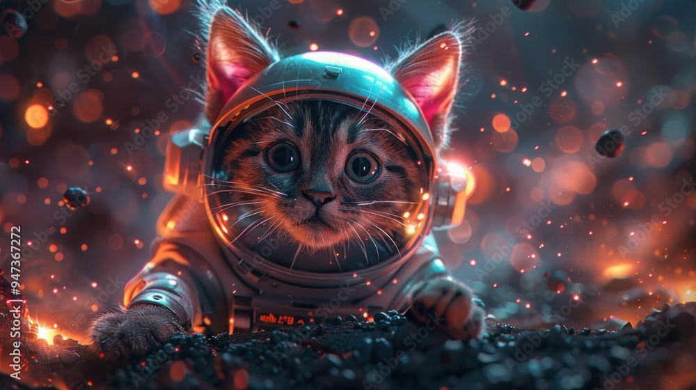 Fototapeta Space Adventure: Cartoon Purple Kitten Dances as Astronaut on Alien Planet AI