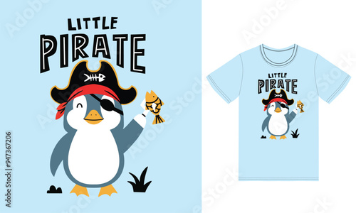 Cute penguin pirate illustration with tshirt design premium vector