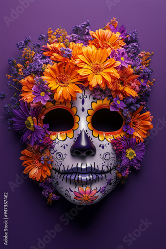 3D model of dia de los muertos festive mask with dahlias, roses and orange marigolds on a vibrant bold purple background