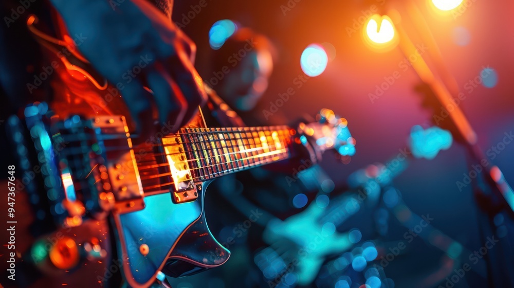Fototapeta premium Closeup of a Guitarist's Hand Playing on Stage
