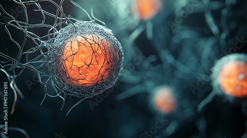 Abstract Cell Network Structure with Orange Glowing Core photo