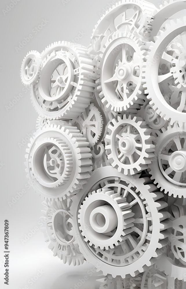 A 3D sculpture of a series of interconnected, abstract gears, rendered entirely in white against a white background, representing the intricate mechanisms of the mind or complex systems A 3D sculpture of a series of interconnected, abstract gears, rendered entirely in white against a white background, representing the intricate mechanisms of the mind or complex systems
