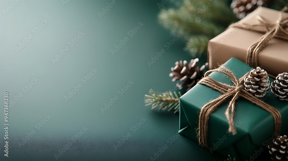 Festive holiday decorations with green gifts and pine cones on a dark green background. Generative AI illustration Festive holiday decorations with green gifts and pine cones on a dark green background. Generative AI illustration