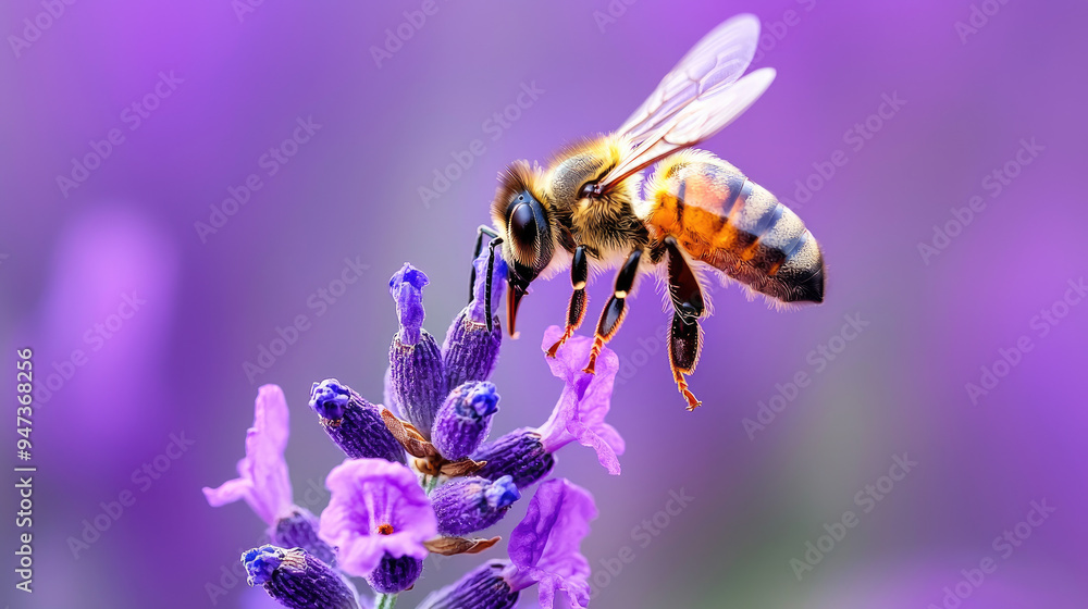 A close-up of a bee pollinating a lavender flower, showcasing the intricate details of nature and the beauty of wildlife. A close-up of a bee pollinating a lavender flower, showcasing the intricate details of nature and the beauty of wildlife.