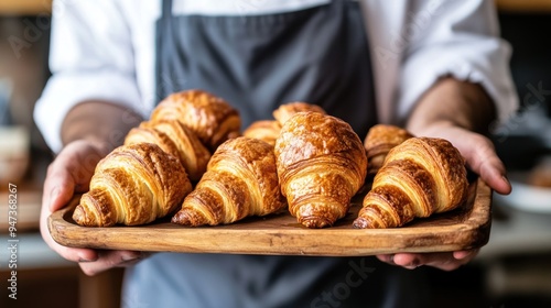 Freshly Baked Croissants on a Wooden Tray