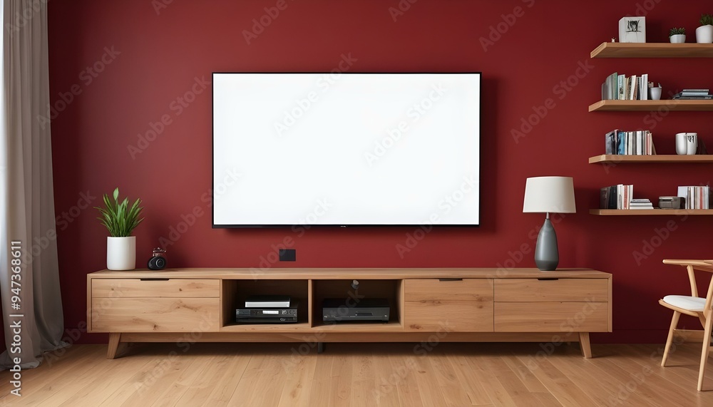 A large flat screen TV mounted on a red wall above a wooden TV stand with drawers. A large flat screen TV mounted on a red wall above a wooden TV stand with drawers.