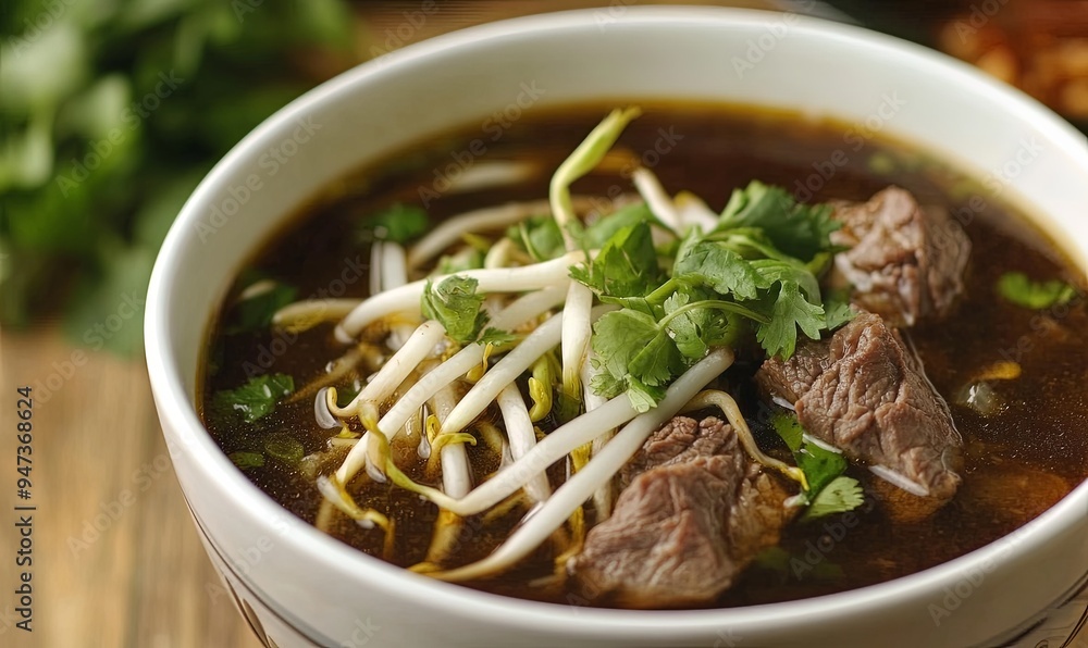 Closeup of Beef Soup with Bean Sprouts and Cilantro Closeup of Beef Soup with Bean Sprouts and Cilantro