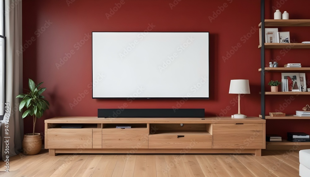 A large flat screen TV mounted on a red wall above a wooden TV stand with drawers. A large flat screen TV mounted on a red wall above a wooden TV stand with drawers.