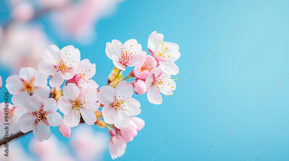 Fototapeta premium Delicate cherry blossom flowers against a serene blue background, symbolizing spring and renewal in nature.