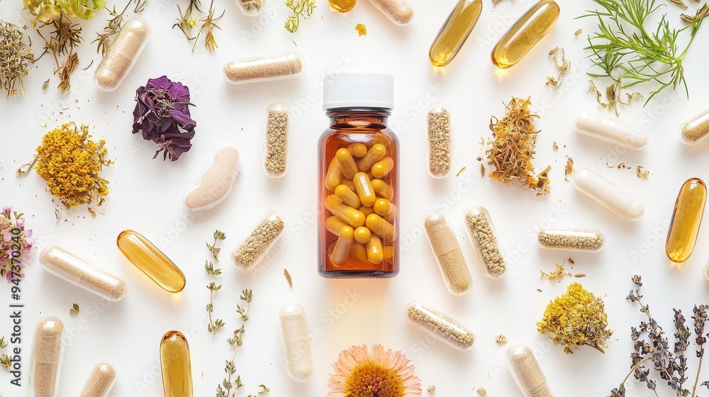 Herbal Supplements and Dried Flowers on White Background Herbal Supplements and Dried Flowers on White Background