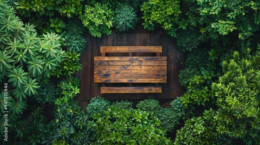 Overhead view of a wooden table with green plants on all sides, creating a fresh and earthy setting Overhead view of a wooden table with green plants on all sides, creating a fresh and earthy setting