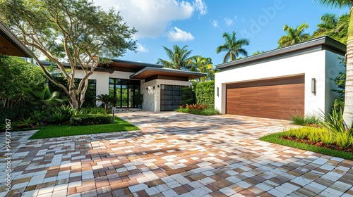 Fototapeta Naklejka Na Ścianę i Meble -  Miami Modern Home with Brick Driveway, Landscaping, and Palm Trees, Including a White and Brown Garage Door