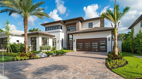 Miami Modern Home with Brick Driveway, Landscaping, and Palm Trees, Including a White and Brown Garage Door