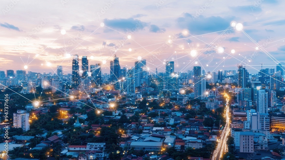 Obraz premium Smart City Network Technology Skyline with Connected Dots