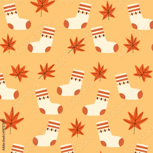 Warm Orange Fall Socks and Leaves Pattern