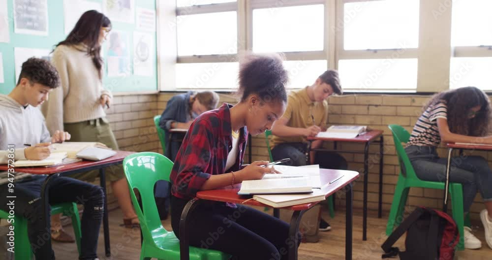 Students, girl and classroom portrait for high school, happy learning and writing notes in education or studying. Excited teenager or African kid at desk with books, language teacher and scholarship Students, girl and classroom portrait for high school, happy learning and writing notes in education or studying. Excited teenager or African kid at desk with books, language teacher and scholarship