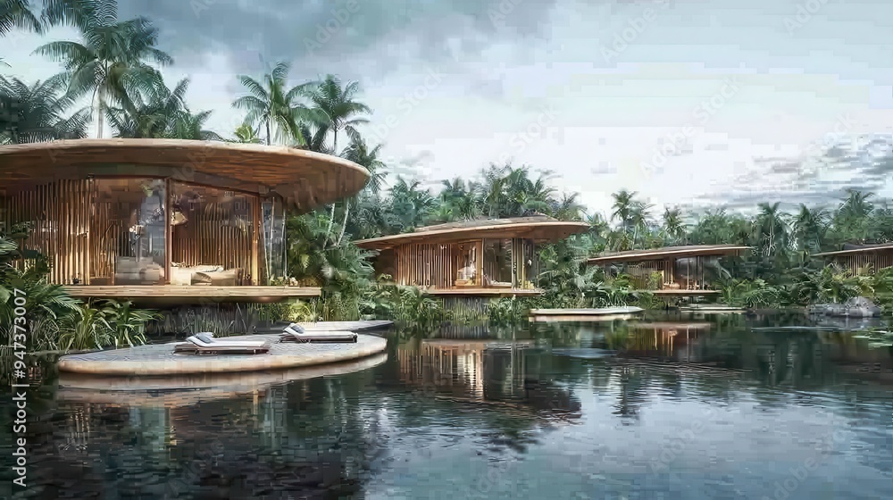 Tropical Luxury Villas on Stilts Over Water with Palm Trees Tropical Luxury Villas on Stilts Over Water with Palm Trees