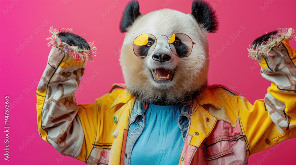 Panda Masked Lady Dancing with Joy at Discotheque on Pink Background Panda Masked Lady Dancing with Joy at Discotheque on Pink Background