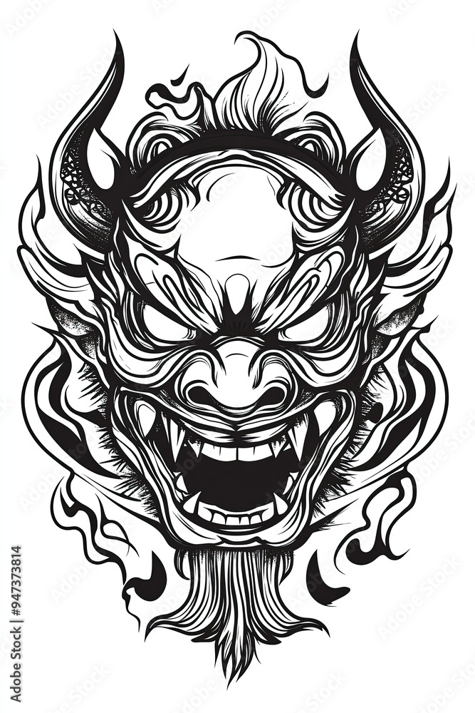 Fototapeta premium Japanese Demon Mask Tattoo Design Black And White Ink Illustration