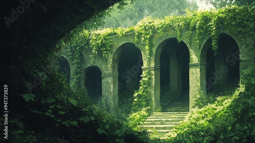 A serene, overgrown archway surrounded by lush greenery, evoking a sense of mystery and tranquility in nature.