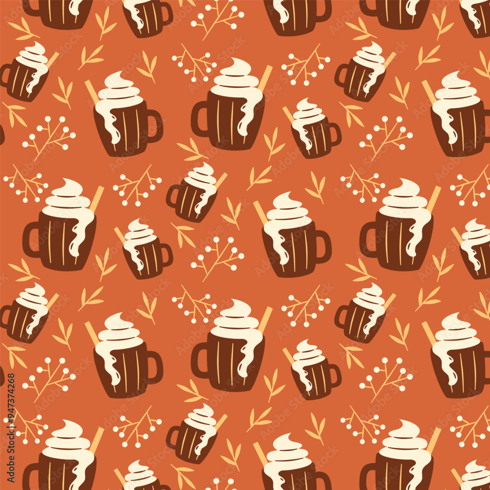 Warm Hot Chocolate and Leaves Autumn Pattern Warm Hot Chocolate and Leaves Autumn Pattern