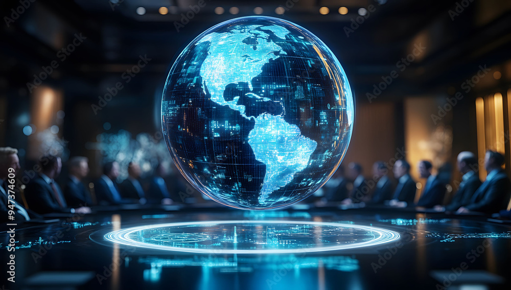 A digital globe floating above a round table at an international world conference, surrounded by men and women in suits, symbolizing global unity and collaboration. A digital globe floating above a round table at an international world conference, surrounded by men and women in suits, symbolizing global unity and collaboration.