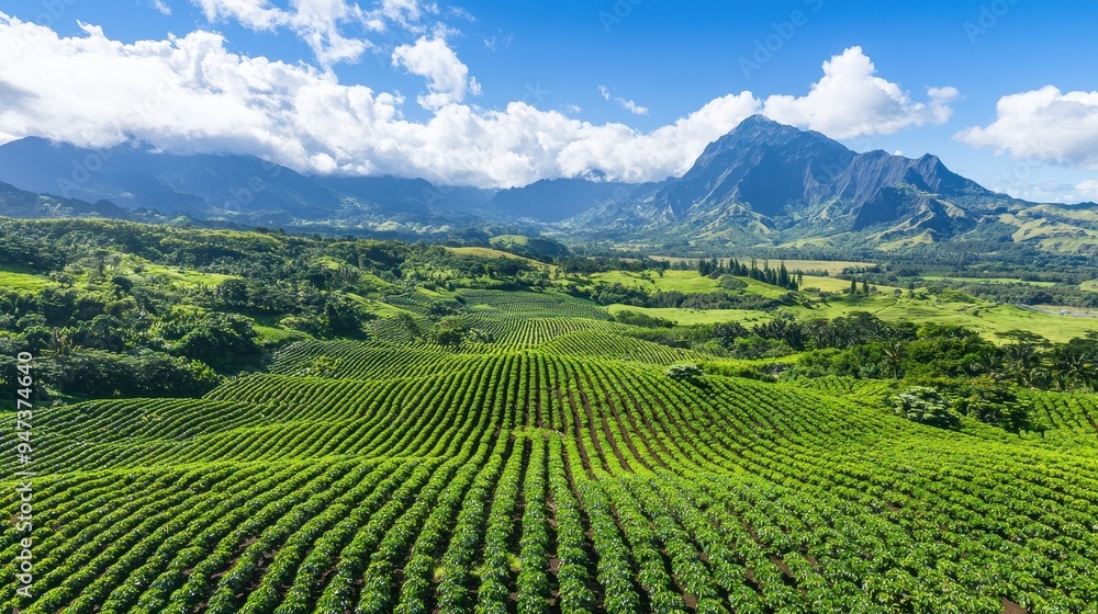 Lush Green Coffee Plantation with Mountain View in Hawaii Lush Green Coffee Plantation with Mountain View in Hawaii