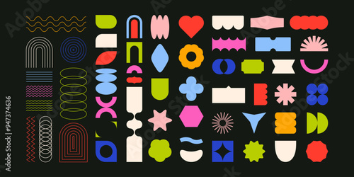 Retro brutalist shapes. Funky 70s 80s 90s modern constructor of basic primitive figures, groovy contemporary geometric swiss bauhaus style. Vector isolated set