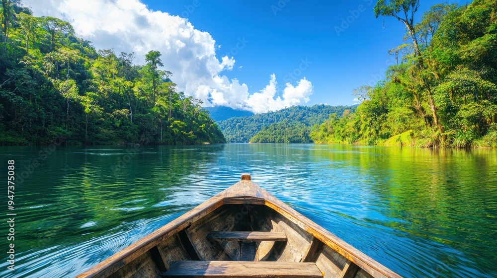 Wooden Boat on Calm Tropical Lake with Lush Greenery and Blue Sky Wooden Boat on Calm Tropical Lake with Lush Greenery and Blue Sky