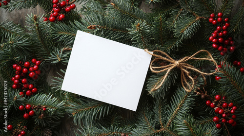 Christmas Card on Pine Branches with Red Berries