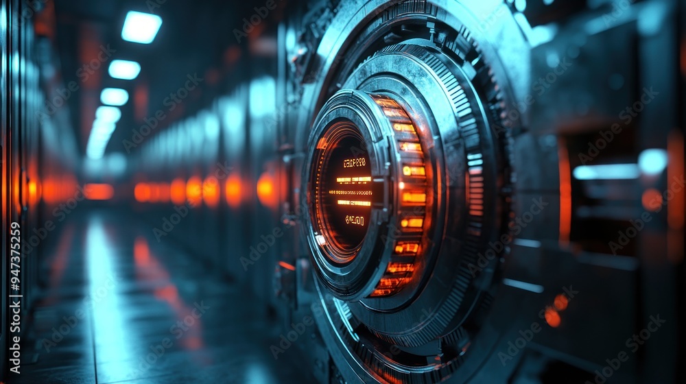 A futuristic digital vault with biometric access controls in a high-tech environment, showcasing advanced security measures and digital protection. A futuristic digital vault with biometric access controls in a high-tech environment, showcasing advanced security measures and digital protection.