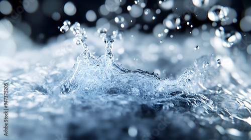Design a close-up image of a sparkling water splash, with the liquid forming clear, sharp edges and bubbles sparkling throughout the scene