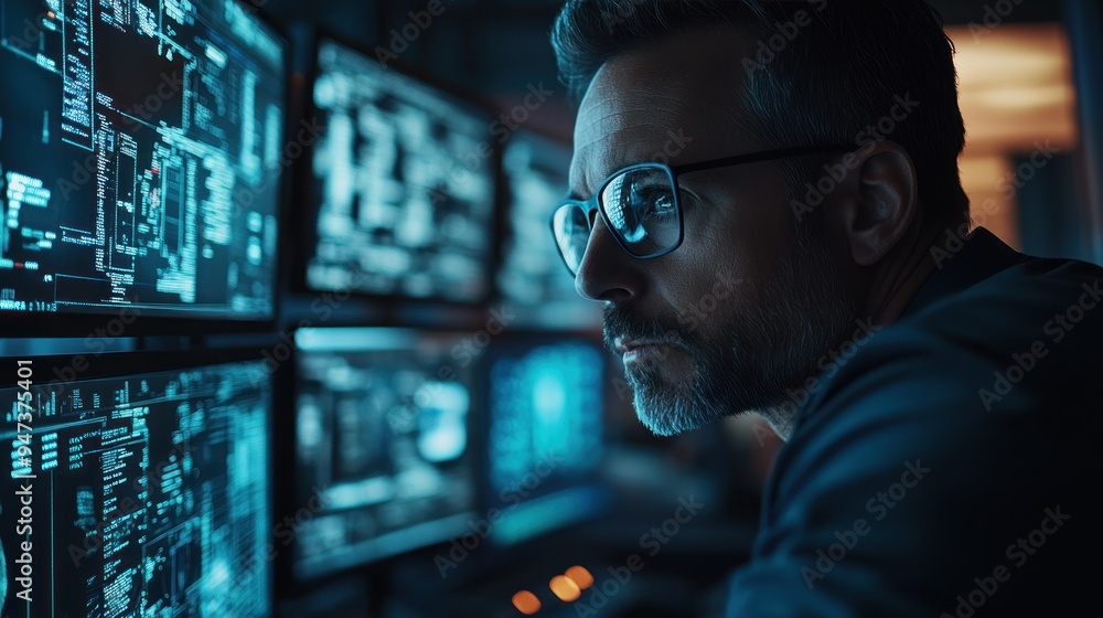 A cyber security professional analyzes threats on multiple screens in a high-tech control room, showcasing the intensity of security monitoring. A cyber security professional analyzes threats on multiple screens in a high-tech control room, showcasing the intensity of security monitoring.