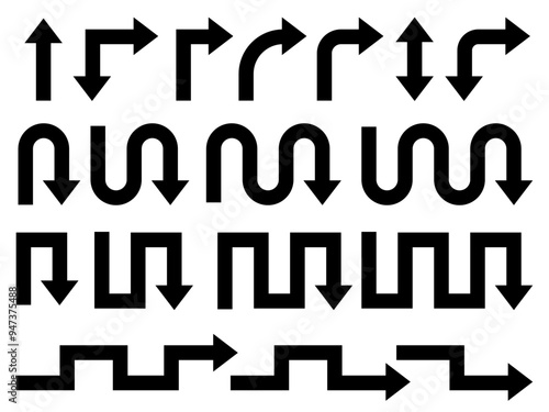 Go Straight, U turn, Right Left, One Way, Only U Turn Arrow Sign Direction Icon. Set of arrows black icons. Circle arrows, rotate arrow, spinning loading symbol. Circular rotation, redo process.