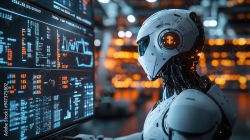 A robot evaluates economic data on a large display in a futuristic office, showcasing advanced tech in data analysis.