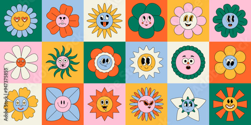 Groovy cartoon flower characters. Cute colorful retro 60s 70s 80s 90s floral hippie funky plants, abstract Y2k funny blossom faces. Vector isolated set