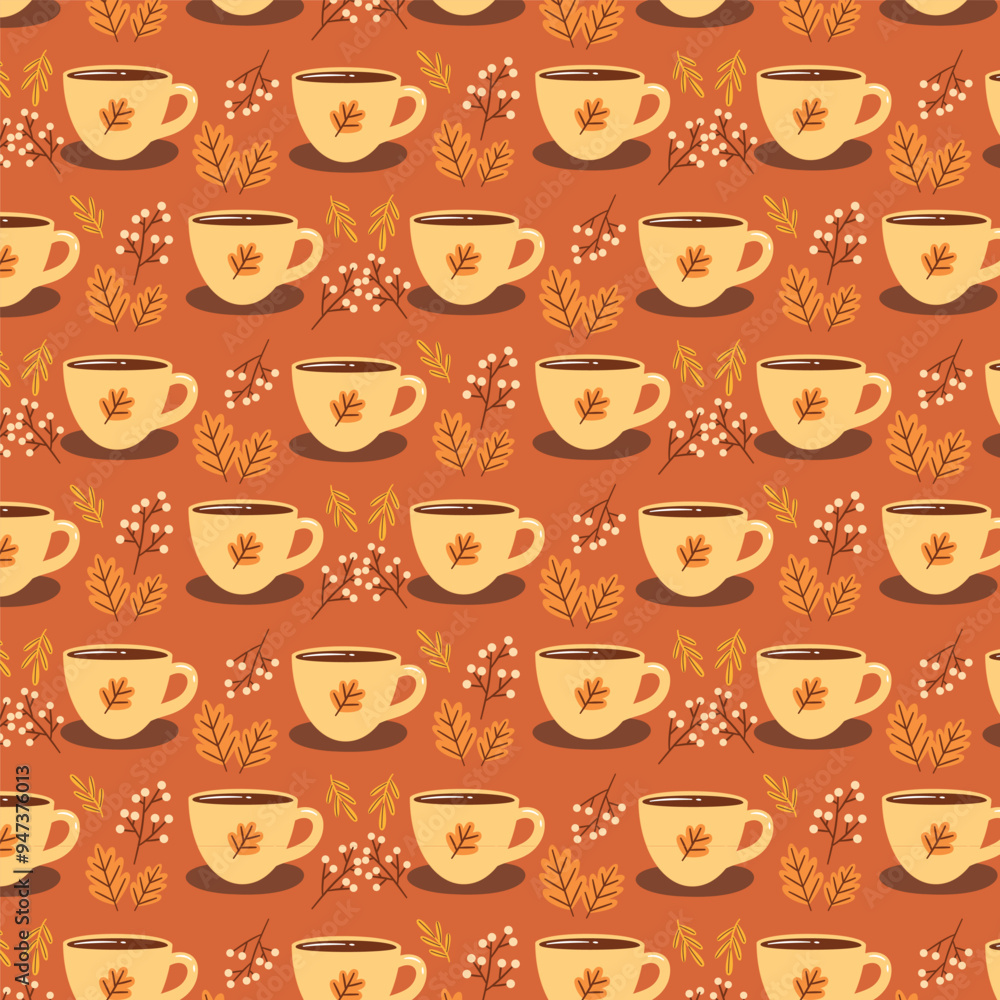 Rusty Coffee Cups and Autumn Leaves Pattern Rusty Coffee Cups and Autumn Leaves Pattern
