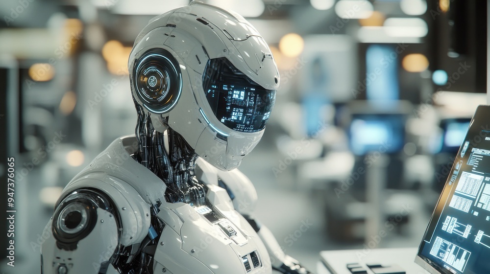 A futuristic AI robot analyzes financial data in a sleek office, showcasing advanced tech in financial decision-making. A futuristic AI robot analyzes financial data in a sleek office, showcasing advanced tech in financial decision-making.