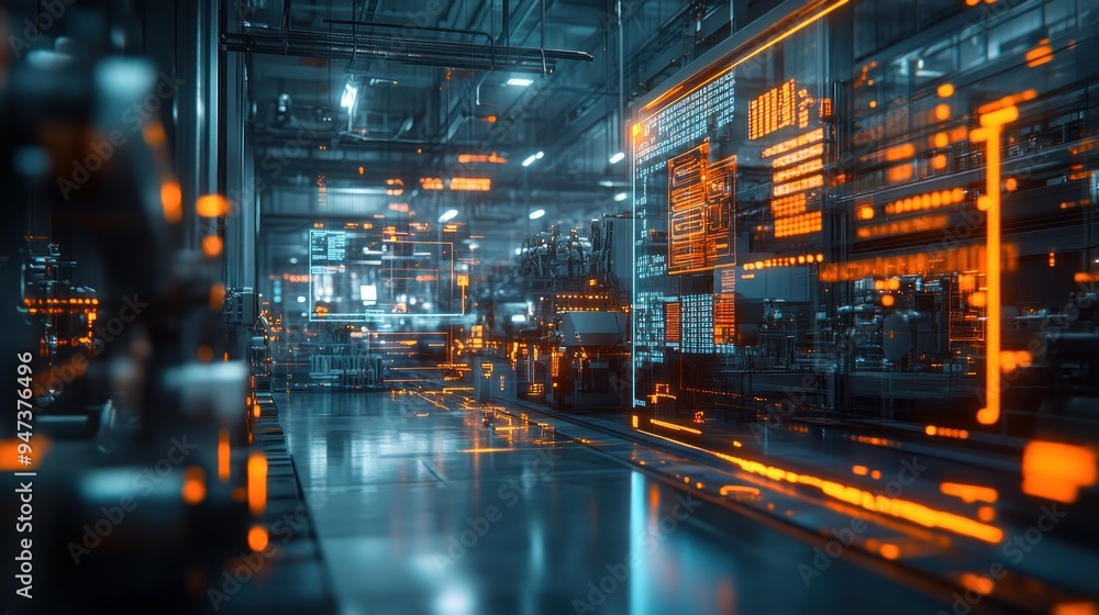 Obraz premium A digital twin simulation of a factory floor, showcasing holographic projections and real-time data.