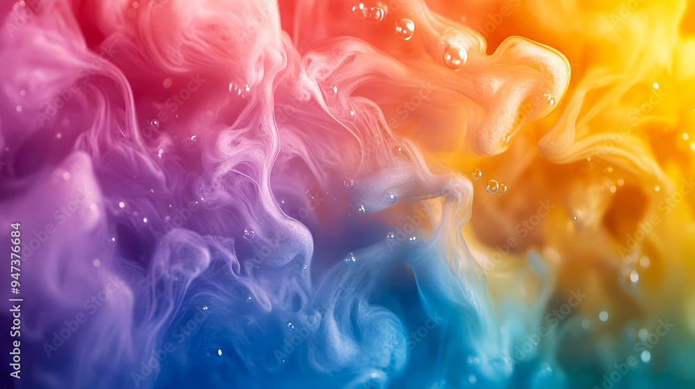 Obraz premium Design a close-up image of a splash of liquid ink in multiple colors, each color creating intricate swirling patterns as they disperse in water, forming a dynamic