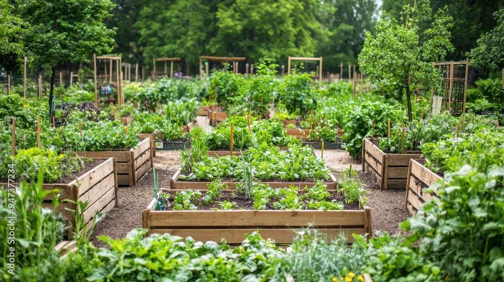 Raised Garden Beds with Fresh Green Vegetables in Urban Farm Raised Garden Beds with Fresh Green Vegetables in Urban Farm