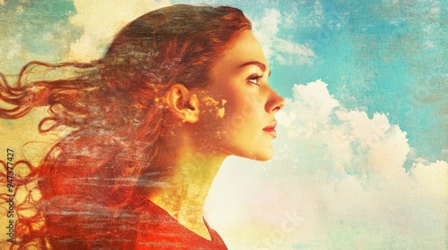 Woman with Red Hair Against a Sky Background